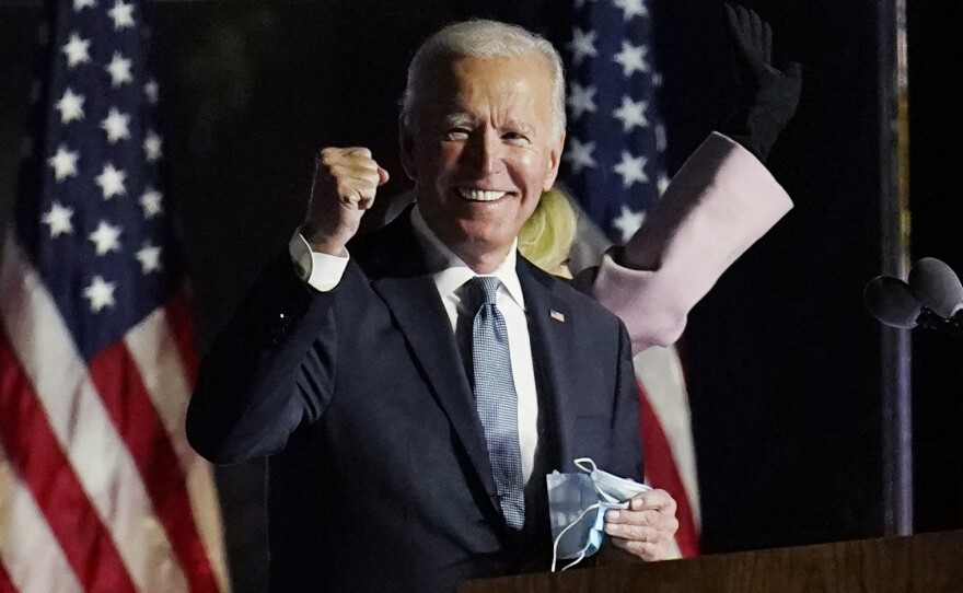 Joe Biden rallied supporters Wednesday, Nov. 4, in Wilmington, Del. Though he is now U.S. president-elect, Biden will have to await outcomes of January run-off races in the Senate to know much support he's likely to get there for his health care agenda.