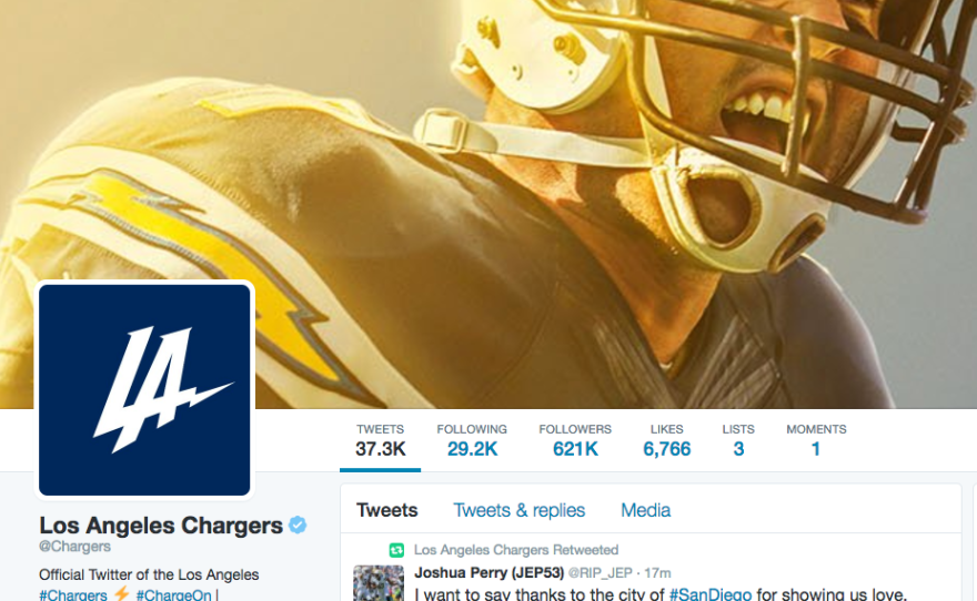 The Los Angeles Chargers Twitter account homepage, Jan. 12, 2017. 