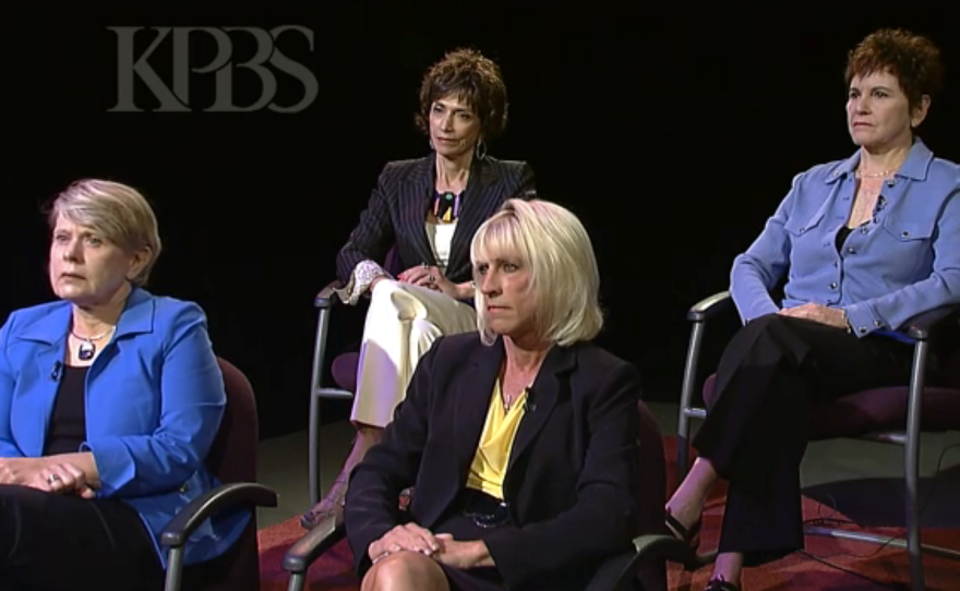 Four prominent women in San Diego speak publicly about the unwanted sexual advances they received from former Mayor Bob Filner. Clockwise from top left: Joyce Gattas, dean of the College of Professional Studies and Fine Arts at SDSU, Patti Roscoe, a businesswoman in San Diego’s tourism and hospitality industry, Sharon Bernie–Cloward, president of the San Diego Port Tenants Association and Veronica “Ronne” Froman, retired U.S. Navy read admiral. 