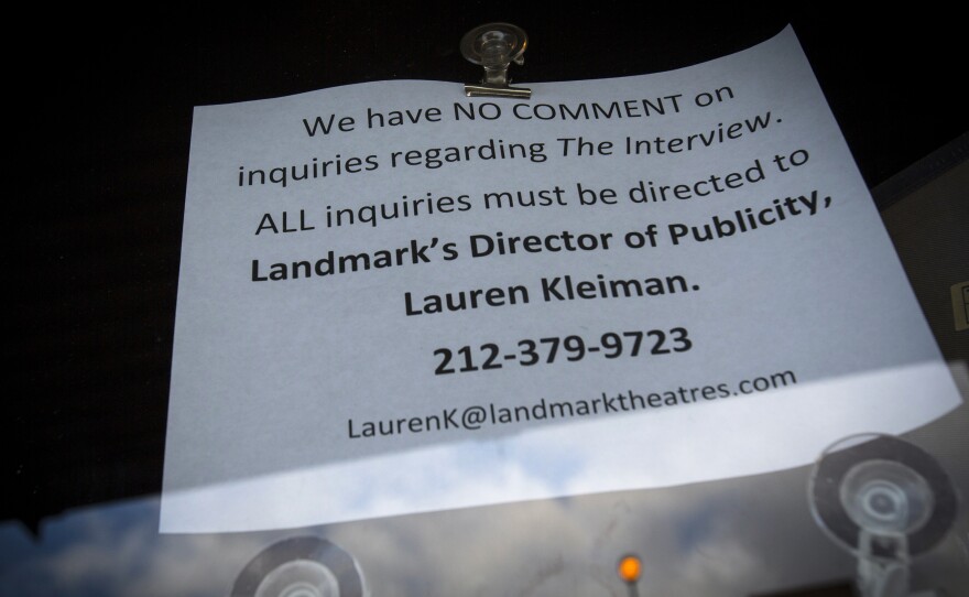 A sign posted Wednesday on the box office window at the Sunshine Cinema in New York. The New York premiere of The Interview, a Sony Pictures comedy about the assassination of North Korean President Kim Jong Un, has been canceled.