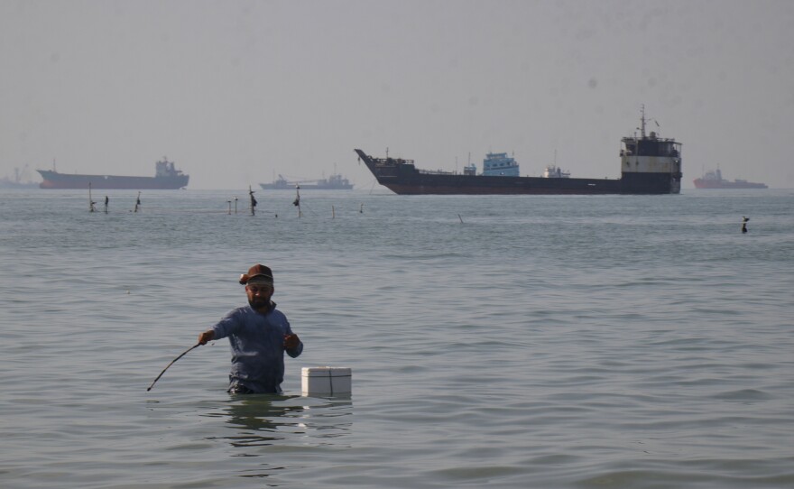 A man stands in the water, appearing to fish, as bulk carriers, cargo ships, and service vessels line the horizon in the Strait of Hormuz off Bandar Abbas, Iran, Monday, April 27, 2026.