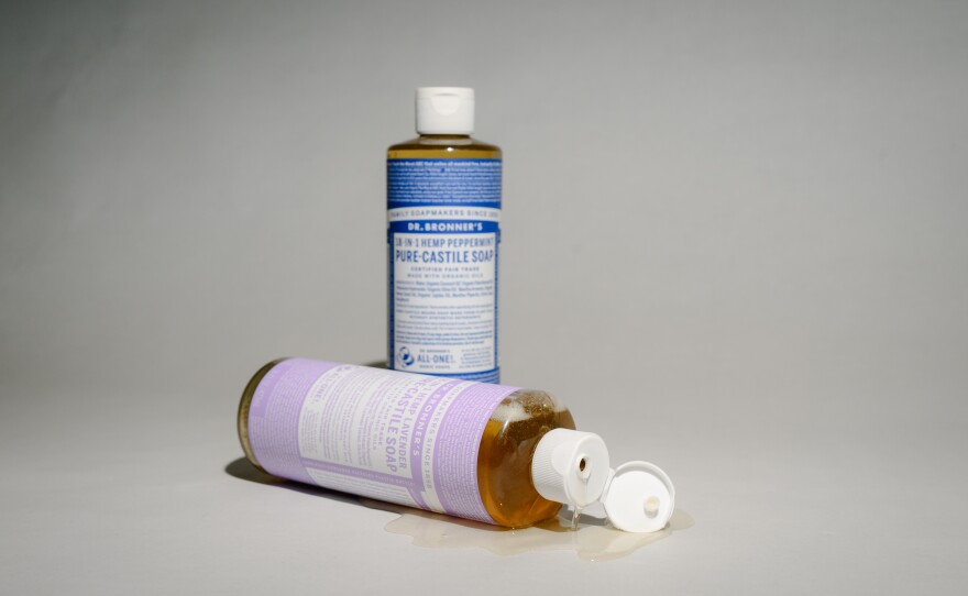 Dr. Bronner's soap bottles, covered in micro-font musings about peace and love, are shown in this photo taken Jan. 31, 2025.