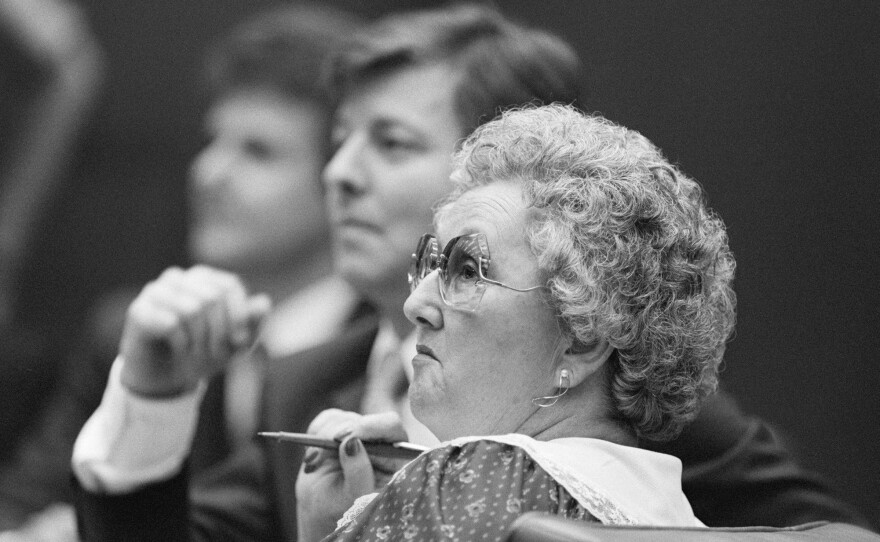 Peggy McMartin Buckey and her son, Ray Buckey, listen to the opening statements in their trial for allegedly sexually abusing children at the preschool they operated. They were eventually acquitted years later.
