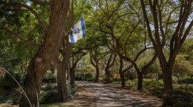 Trees line a road inside Kibbutz Nir Oz in southern Israel on Aug. 31, 2026, amid efforts to rebuild communities near the Gaza border after the Hamas-led attacks of Oct. 7.