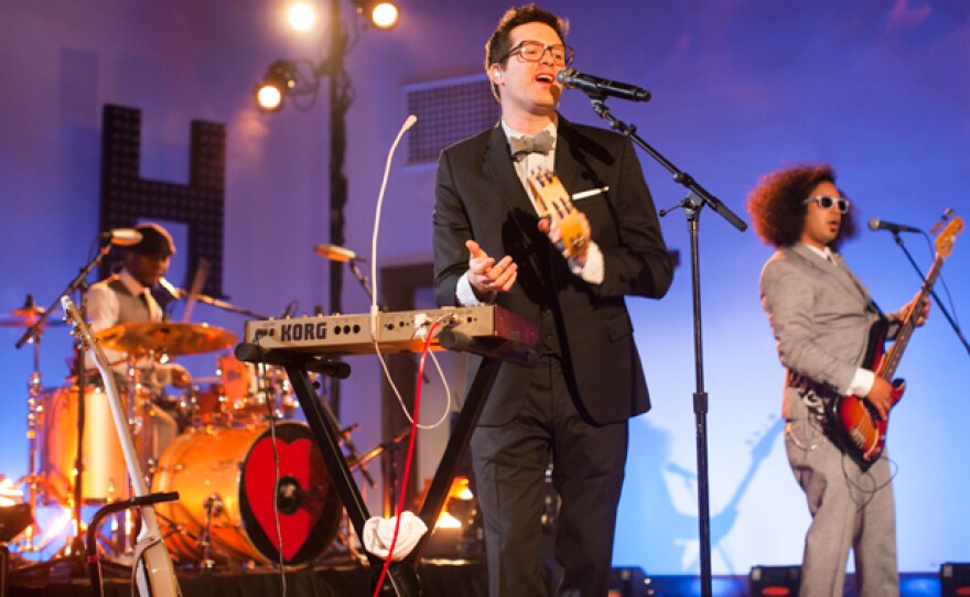 Quentin Joseph, Mayer Hawthorne and Joe Abrams perform on stage. Mayer Hawthorne and his nimble band, The County, blaze through two dozen songs in his updated classic soul style, infused with everything from doo-wop to hip-hop. Over the course of the evening, Hawthorne and his band thrill an invitation-only crowd of 400 at the opulent Grand Ballroom of the Park Plaza Hotel in Los Angeles with selections from his acclaimed new album, "How Do You Do," plus fan favorites such as “Green Eyed Love.”