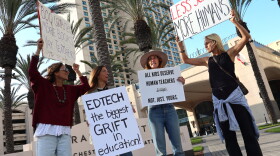 Renne Catalano-Gussman, Erin Payne, Elizabeth Johnson and Jess Keithly stand outside the Manchester Grand Hyatt in downtown San Diego on Monday, April 13, 2026.