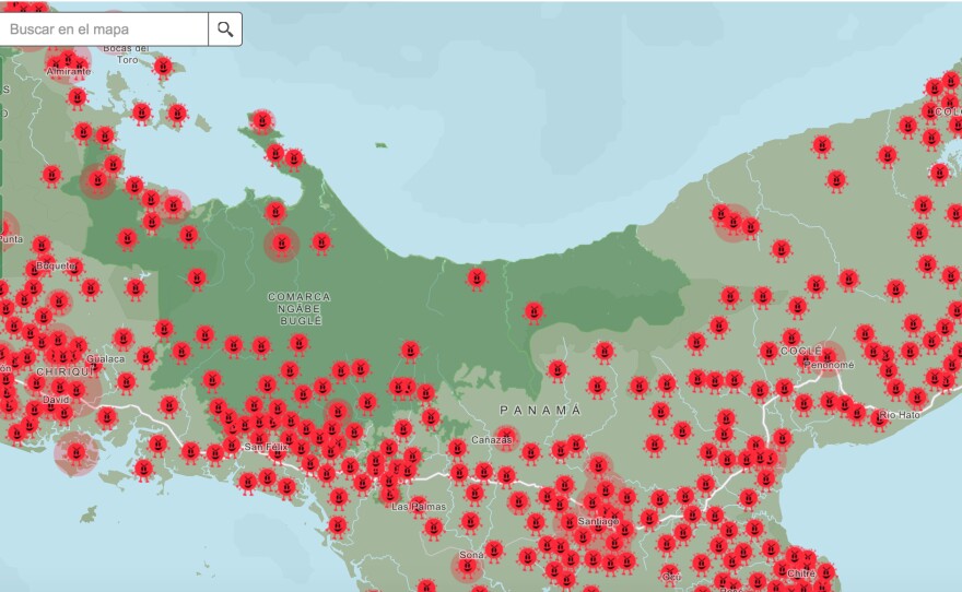 Doviaza's maps overlay the daily number of COVID cases reported by the health ministry (depicted as the spike protein of the virus, shown in red) with locations of indigenous communities (dark green).