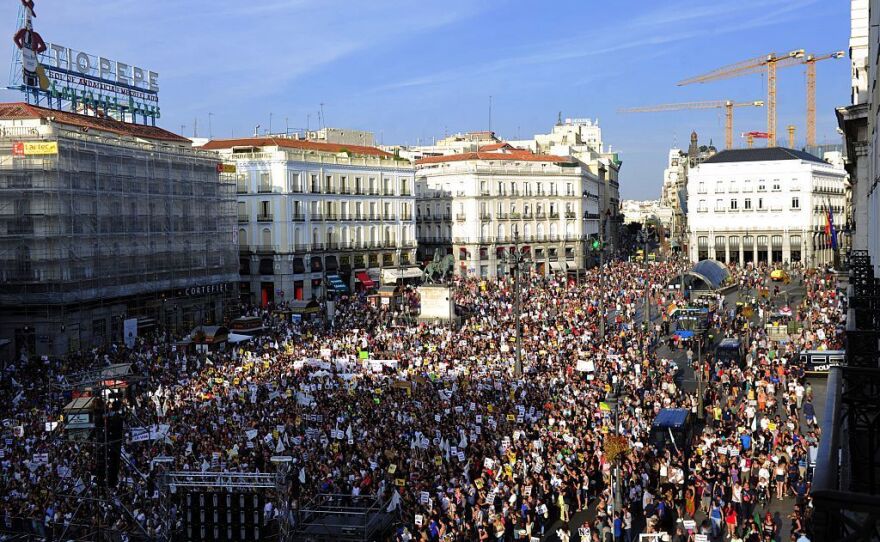 Thousands of people gather at Puerta del Sol as they demonstrate against bullfighting in Madrid on Saturday.