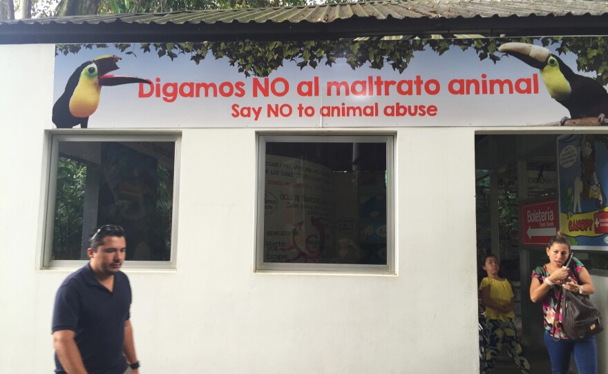 Visitors enter the front gate of ZooAve Animal Rescue, Grecia the toucan's permanent home.