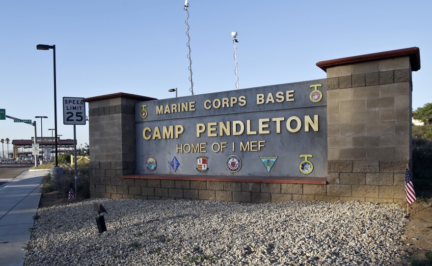 This Nov. 13, 2013 file photo shows the main gate of Camp Pendleton Marine Base in Southern California. Eight service members are presumed dead after their amphibious vehicle sank Thursday.