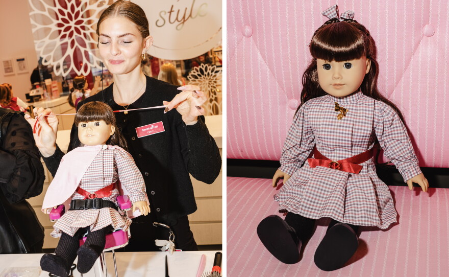 Left: Friedrichsen styles the hair of Balaban's doll. Right: Fiona Davis' Samantha doll.