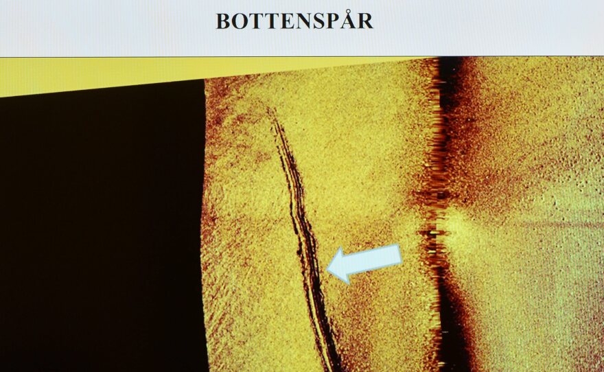 A sonar image showing subsea tracks left behind by a minisubmarine, according to the Swedish military.