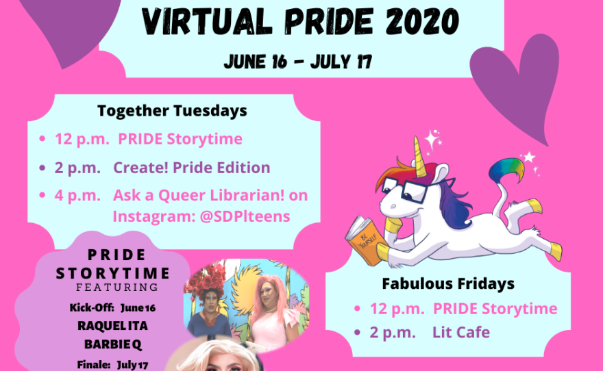 San Diego Public Library's schedule of the virtual Pride events it is hosting June 16 through July 17, 2020.