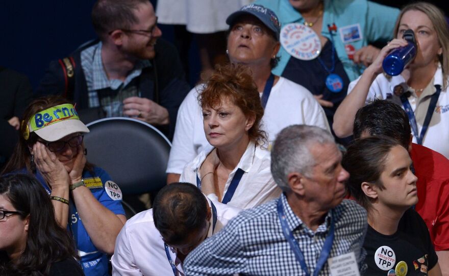 Actress Susan Sarandon sits among delegates Monday night of the Democratic National Convention