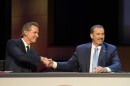 Gubernatorial candidates Democratic Gov. Gavin Newsom, left, and Republican challenger state Sen. Brian Dahle shake hands after their debate held by KQED Public Television in San Francisco, Sunday, Oct. 23, 2022.