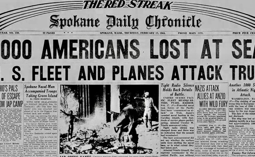 Spokane Daily Chronicle headline "1000 Americans Lost At Sea - U.S. Fleet and Planes Attack." "Rohna Classified"
