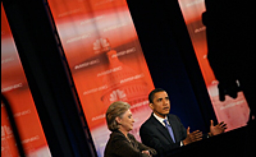 Hillary Clinton and Barack Obama participate in a debate at Cleveland State University in Cleveland on Tuesday. Clinton and Obama will face off in the crucial Texas and Ohio primaries on March 4.
