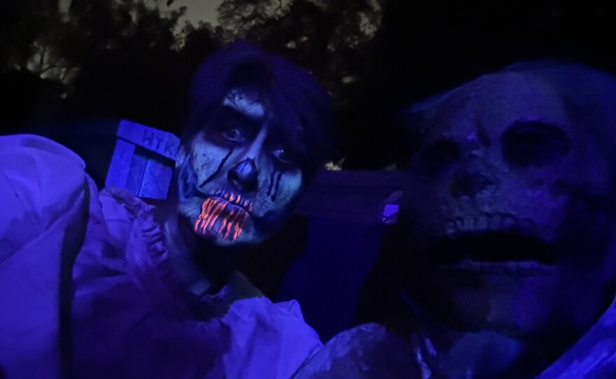 Beth Accomando and her prop dead colleague at The Haunte Trail in Balboa Park. Sept. 25, 2025