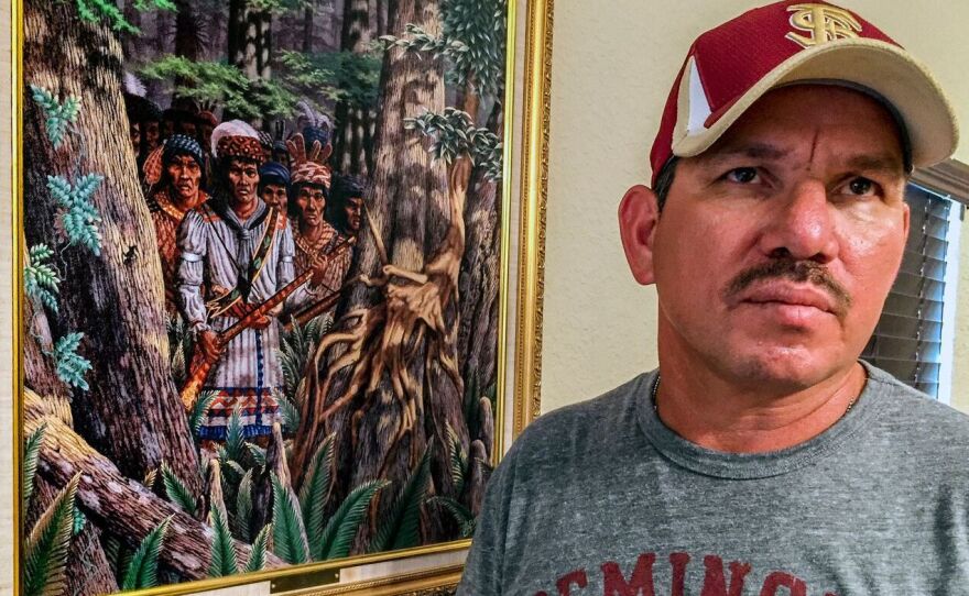 Bowers's house is a shrine to the Seminole warrior, Osecola, who is also the tribe-approved symbol of the Florida State University Seminoles football team. Here, Osceola is shown on a scouting mission. The late artist, Guy LaBree, was a favorite of the tribe.