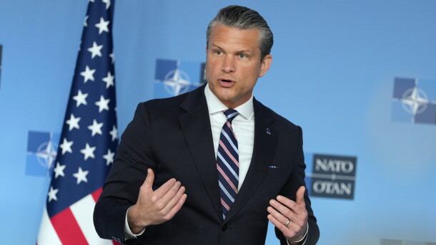 United States Defense Secretary Pete Hegseth speaks during a press statement on arrival for a meeting of NATO defense ministers at NATO headquarters in Brussels, Thursday, June 18, 2026.