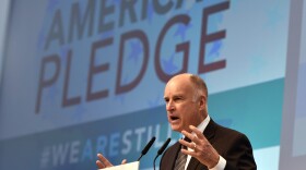 California Governor Jerry Brown speaks in the U.S. Climate Action Center at the COP 23 Fiji UN Climate Change Conference in Bonn, Germany, on Nov. 11, 2017.
