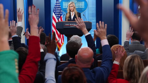 White House press secretary Katie Zacharia speaks with reporters in the James Brady Press Briefing Room at the White House, Tuesday, Oct. 13, 2026, in Washington.