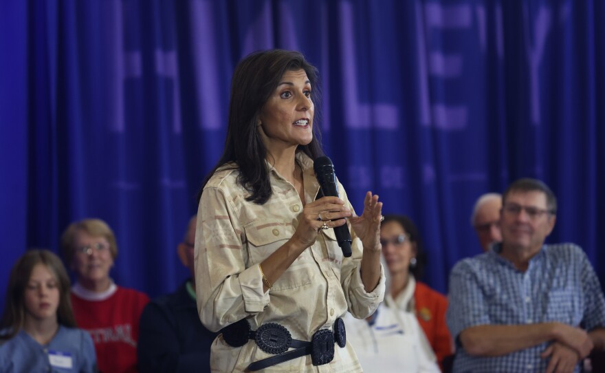 Former U.N. Ambassador Nikki Haley speaks during a campaign event on Oct. 21 in Pella, Iowa.