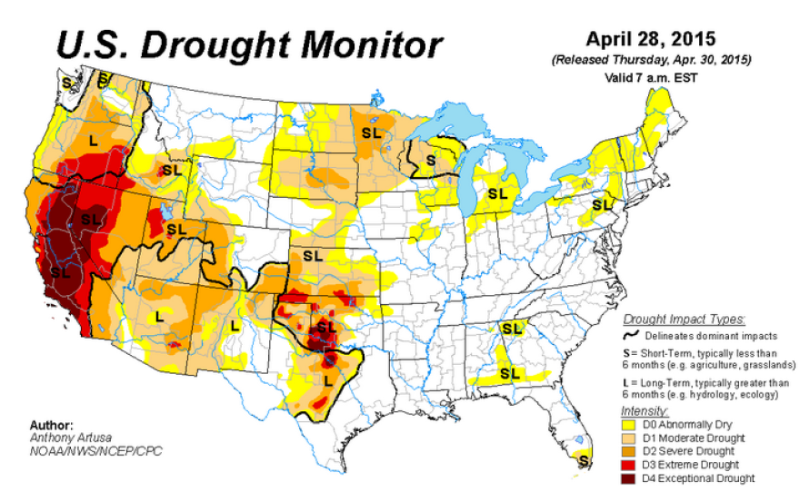This color-coded map shows drought conditions across the U.S., on April 30, 2015. Much of San Diego County, shown in red, is in an "extreme" drought. At this level, major crop and pasture losses are common, fire risk is extreme, and widespread water shortages can be expected, requiring restrictions.