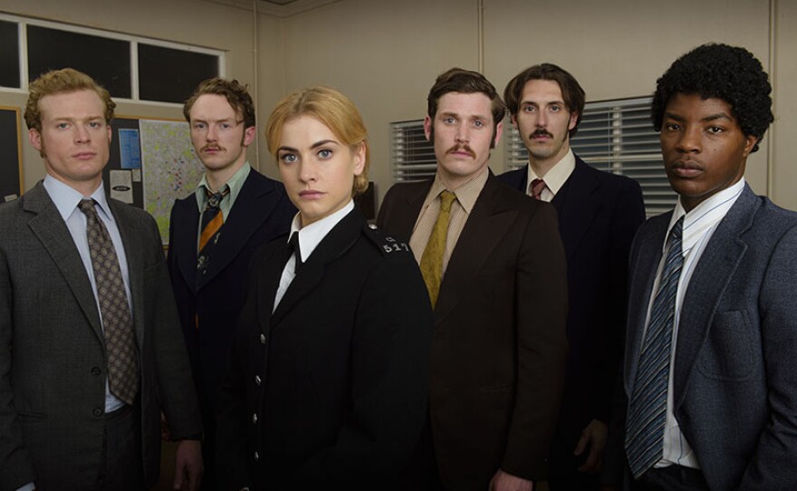From left to right: SAM REID as DCI Len Bradfield, JOSHUA HILL as DC Edwards, STEFANIE MARTINI as Jane Tennison, TOMMY MCDONNELL as DC Hudson, BLAKE HARRISON as DS Spencer Gibbs and DANIEL EZRA as DC Ashton.