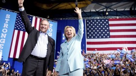 Democratic presidential candidate Hillary Clinton and Sen. Tim Kaine, D-Va., arrive at a rally at Florida International University Panther Arena in Miami, July 23, 2016.