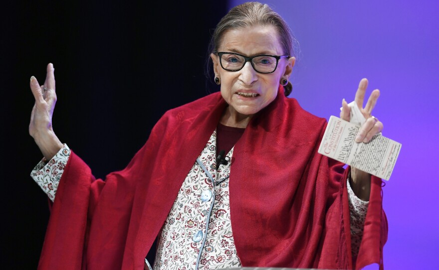 Supreme Court Justice Ruth Bader Ginsburg died in 2020, months after approving an award in her name to honor women who have made a positive difference.  Ginsburg is pictured speaking at Amherst College in Amherst, Mass, on Oct. 3, 2019.