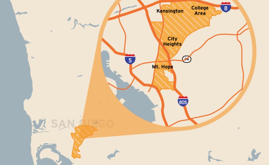 This map shows the location of the San Diego City Council's District 9. It includes Southcrest, Mountain View, Mount Hope, City Heights, El Cerrito, Talmadge, Kensington, College View Estates, Alvarado Estates, Rolando and the College Area.