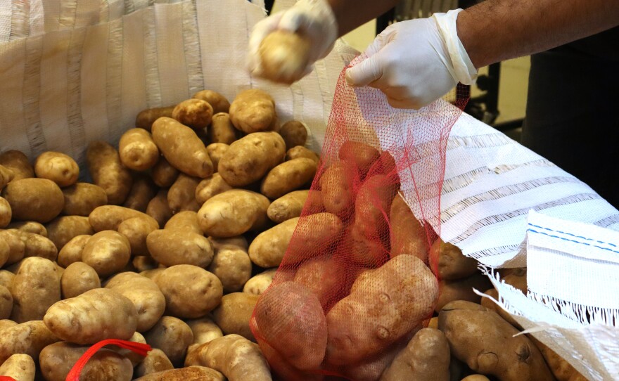Volunteers prepare potatoes for distribution at Feeding San Diego's headquarters on Thursday, April 3, 2025.