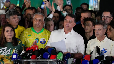 Opposition presidential candidate Sen. Flavio Bolsonaro speaks after the presidential election runoff in Brasilia, Brazil, Oct. 25, 2026.