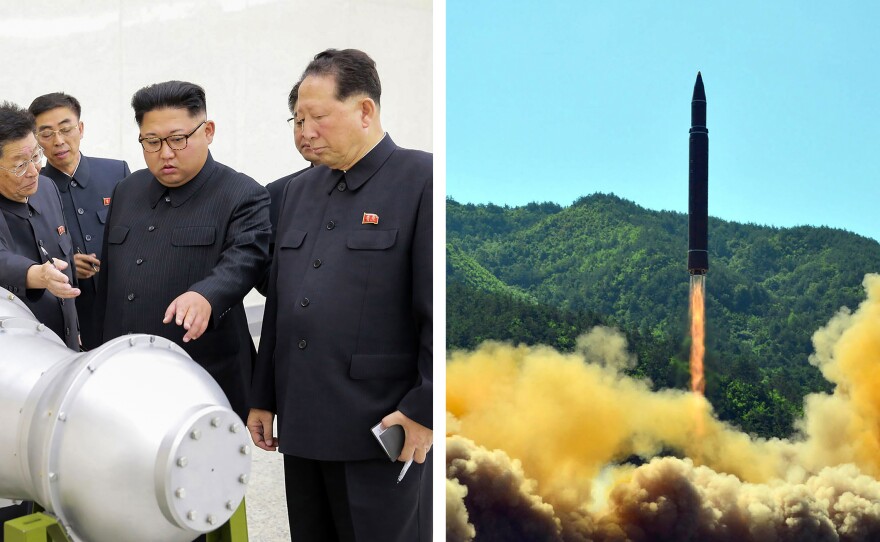 North Korean leader Kim Jong Un, left, inspects what the North claims is a thermonuclear warhead. At right is a test of a North Korean ballistic missile.