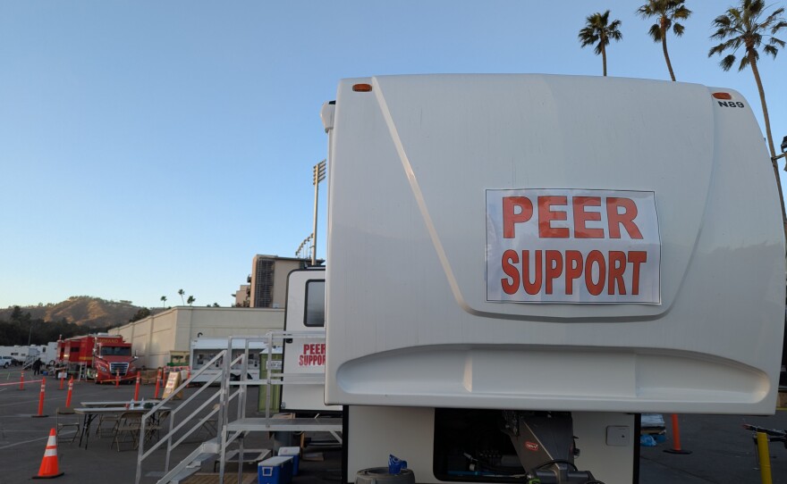 Peer support is available for first responders at the base camp at the Rose Bowl in Pasadena, Calif. on Jan. 20, 2025.