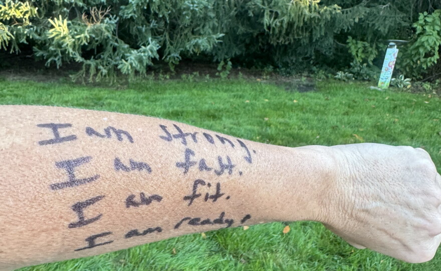 Kamphoff wrote these positive phrases on her arm to combat self-doubt during a 2012 marathon. She says they helped her run even faster — and she even went on to win the race in her division.