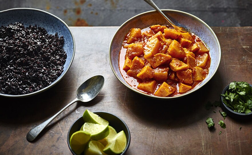  Butternut sweet potato curry. Television personality, journalist and gourmet food writer Nigella Lawson hosts the culinary series NIGELLA: AT MY TABLE. The series is a delicious celebration of home cooking — the food that makes people feel happy and welcome as they sit around the table. 