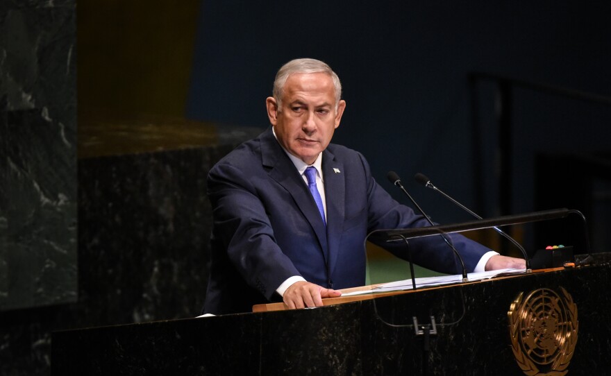 Israeli Prime Minister Benjamin Netanyahu applauds President Trump during a speech at the United Nations during the U.N. General Assembly on Thursday.