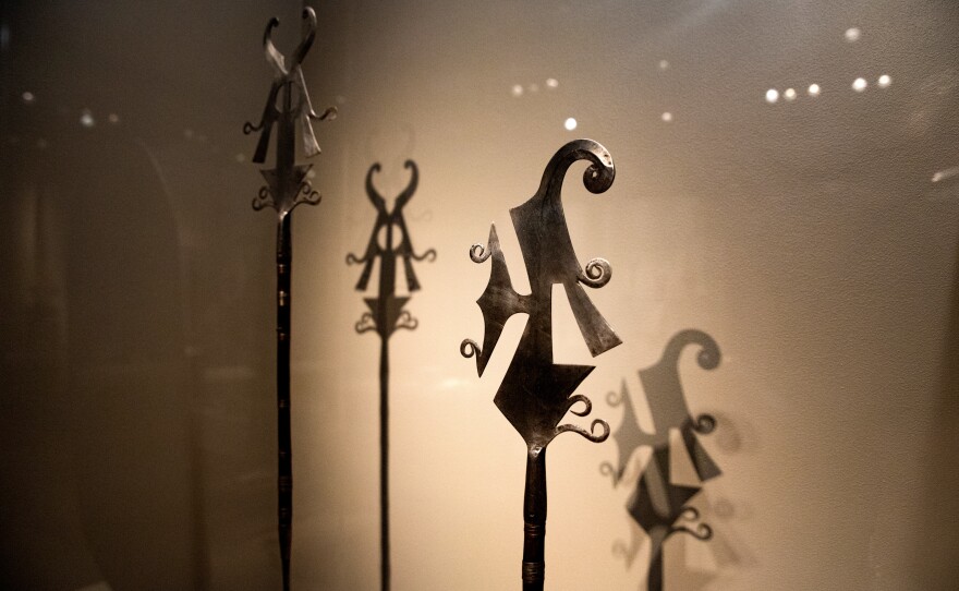 Examples of elaborate versions of knives, to be used in ritual ceremonies. They're from the Democratic Republic of the Congo, 19th century.