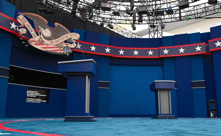 The stage of the first presidential debate, in Cleveland. Tuesday's debate between President Trump and Democratic nominee Joe Biden will be the first of three 90-minute debates between the two.