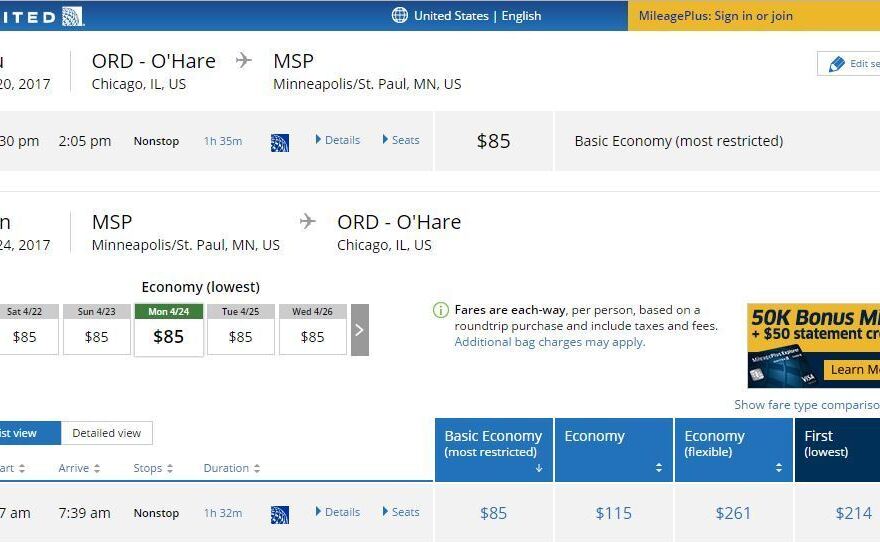 The United Airlines website displays the new "basic economy" fares for flights from Chicago to Minneapolis-St. Paul.