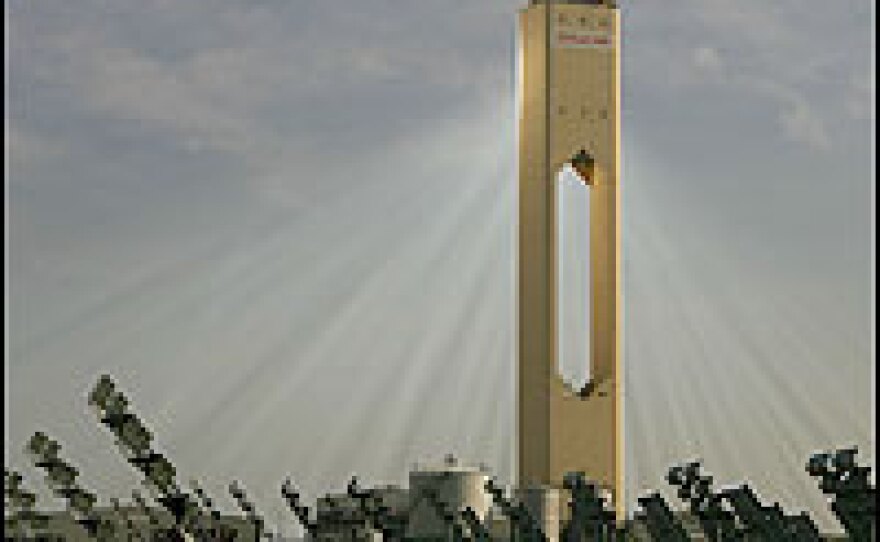 The PS-10 solar tower plant sits at Sanlucar la Mayor outside Seville, Spain. It's Europe's first commercial solar thermal power plant.