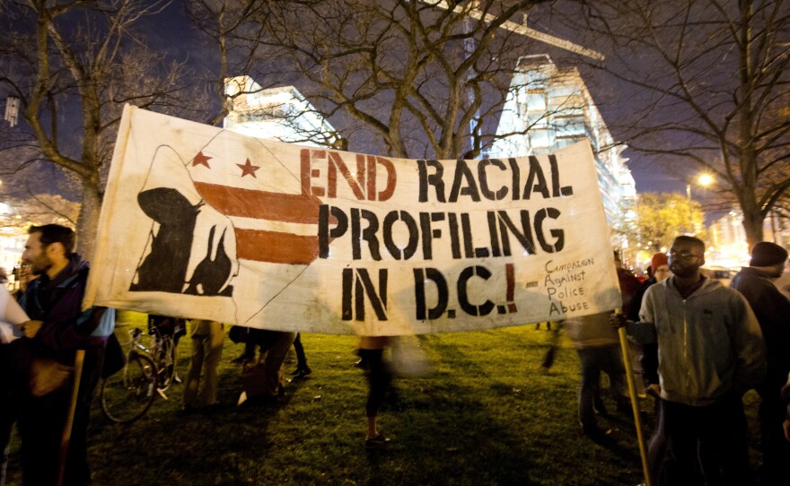 Protesters gather Tuesday in Mount Vernon Square in Washington.