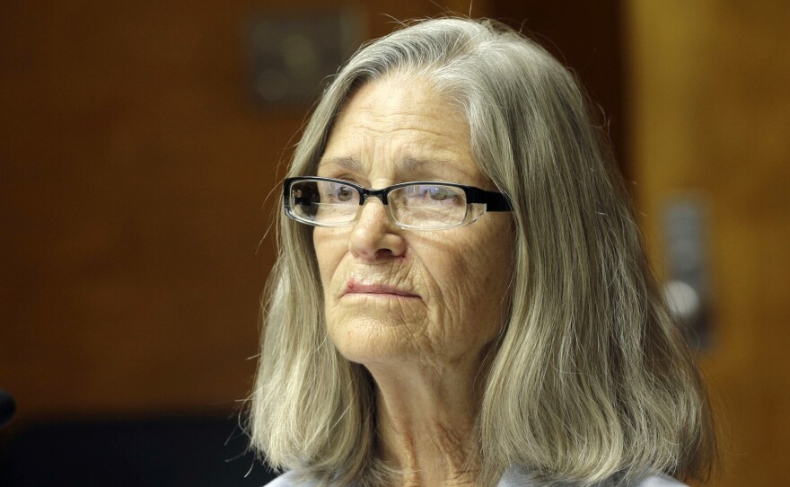 Former Charles Manson follower Leslie Van Houten is seen during a hearing on Thursday before the California Board of Parole Hearings at the California Institution for Women in Corona, Calif.