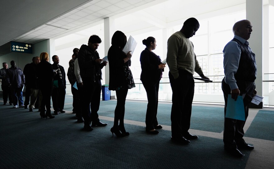 Job seekers line up to enter a career fair in Los Angeles, on Dec. 1, 2010. At the peak of the recession, the unemployment rate hit 10 percent. It's now 4.1 percent.