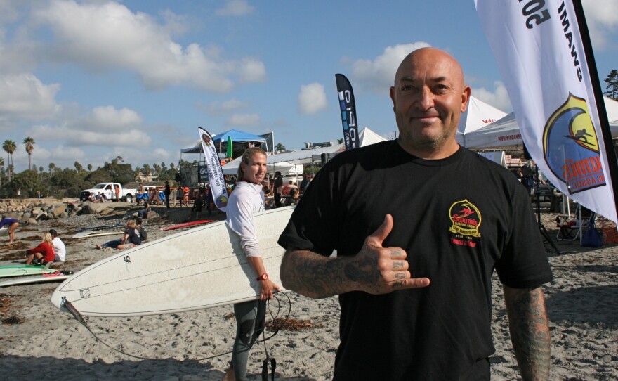 Swami’s Surfing Association president, Marcelo Lobos, at  "Return to the Reef" Invitational at Cardiff Reef Beach, Oct 29, 2014.



