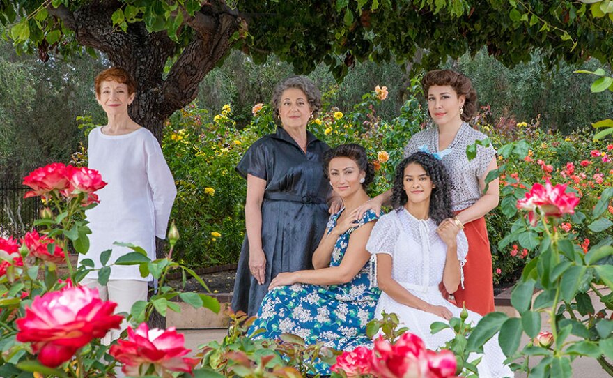 The cast of "The Gardens of Anuncia," which opens at The Old Globe Friday, Sept. 10, 2021. From left: Carmen Roman, Mary Testa, Eden Espinosa, Kalyn West and Andréa Burns.