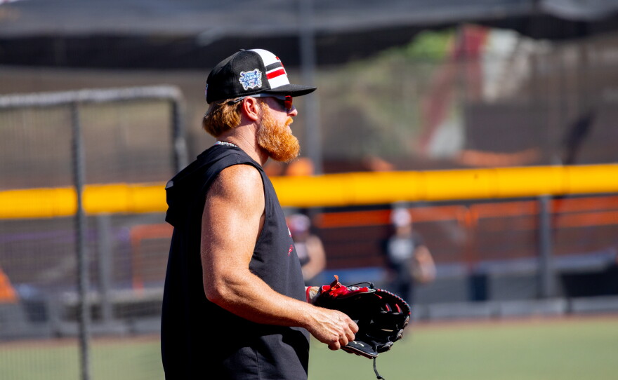 Justin Turner warms up before a game at the Toros Mobil Park in Tijuana, Mexico, July 31, 2026.