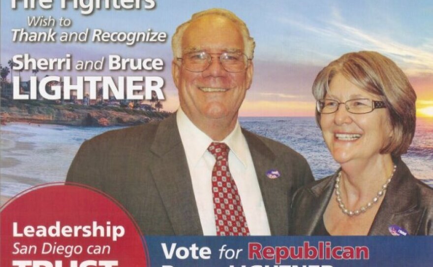 A mailer paid for by the San Diego firefighters union urges support for Bruce Lightner in the District 1 City Council race.